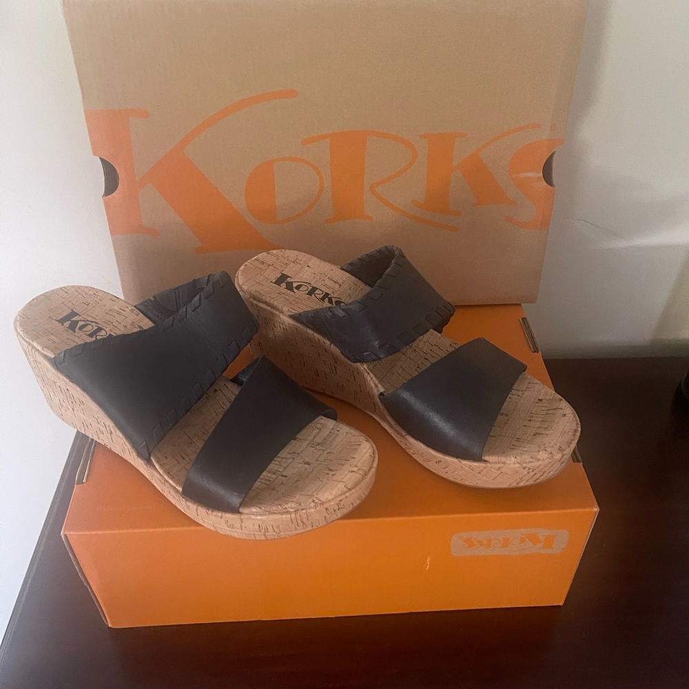 Kork-Ease Black and Brown Wedge Sandals
